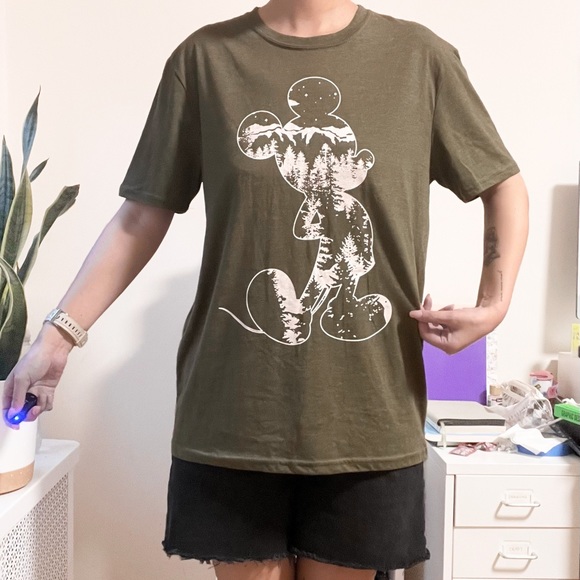 Disney Men's Olive Green Micky Mountain Trees Adventure T-Shirt - Picture 2 of 4